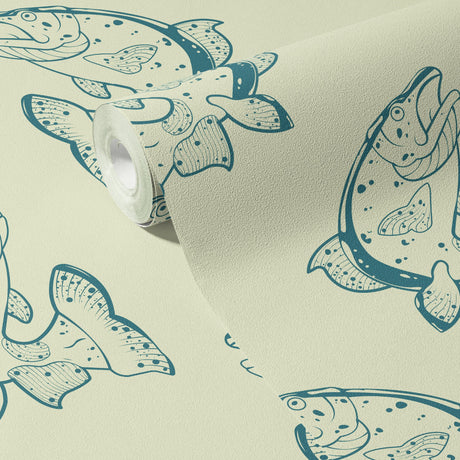 Vintage Catch | Fun Green & Cream Vintage Fish Wallpaper Wallpaper Sckribbles