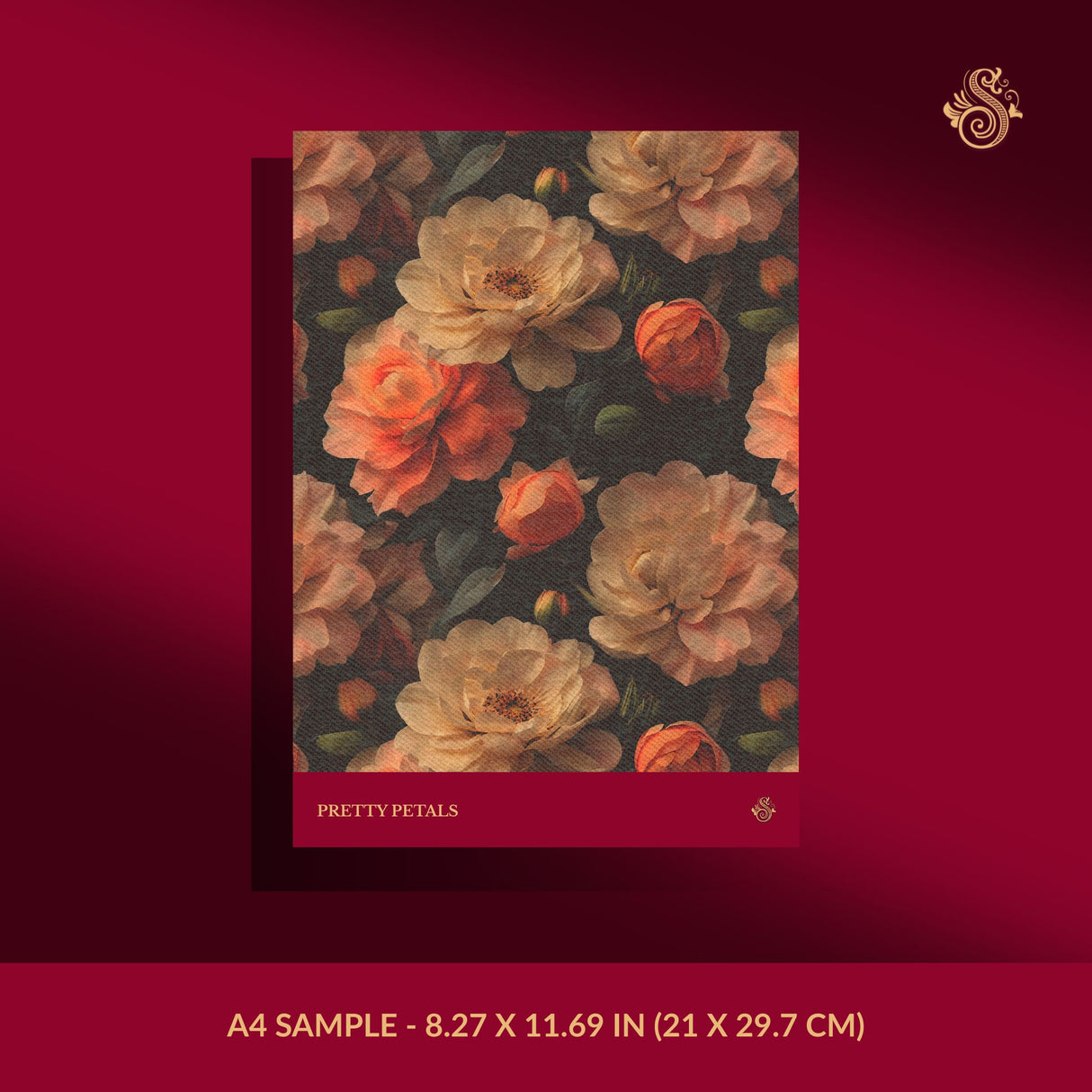 Pretty Petals | Moody Dramatic Large Floral Rose Wallpaper Wallpaper Sckribbles Signature - Premium Non-Woven A4 Sample - 8.27 × 11.69 in (21 × 29.7 cm)