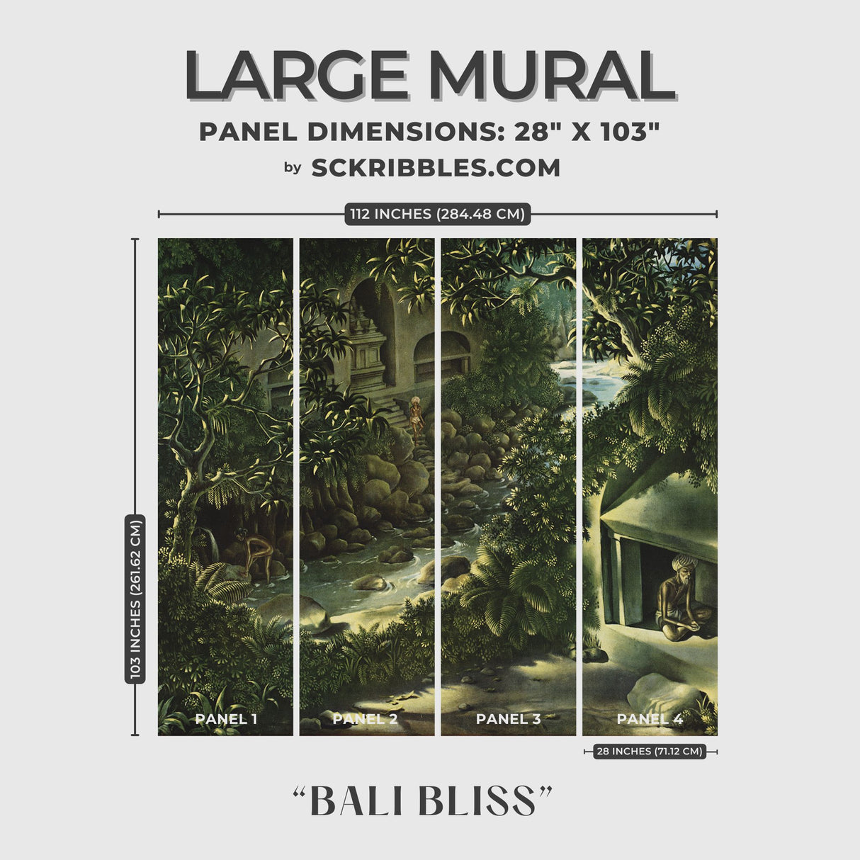 Bali Bliss | Green Moody Tropical Scenic Jungle Wallpaper Mural Wallpaper Mural Sckribbles
