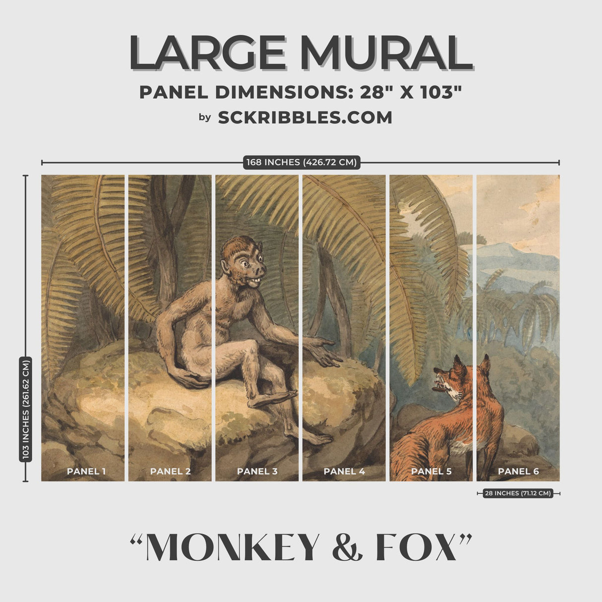 Monkey & Fox | Vintage Muted Rustic Tropical Animal Wallpaper Mural Wallpaper Mural Sckribbles