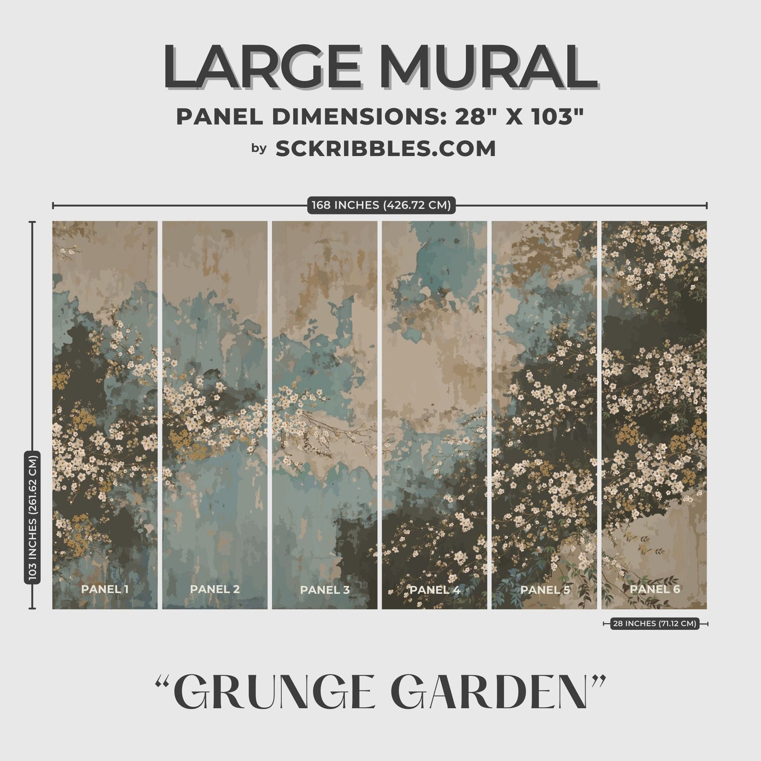 Grunge Garden | Weathered Rustic Floral Wallpaper Mural Wallpaper Mural Sckribbles Traditional - (Non-Woven) Large Room Mural - Full Set of Sheets (x6 Panels)