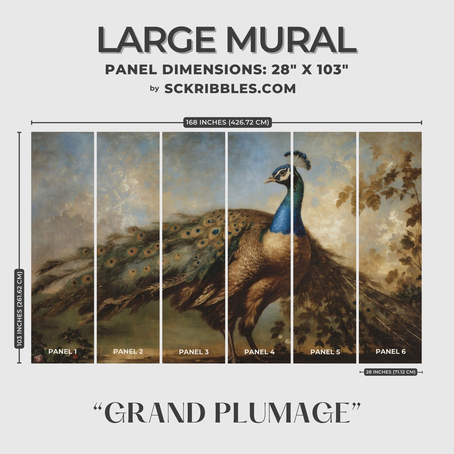 Grand Plumage | Scenic Peacock Vintage Landscape Wallpaper Mural Wallpaper Mural Sckribbles Traditional - (Non-Woven) Large Room Mural - Full Set of Sheets (x6 Panels)