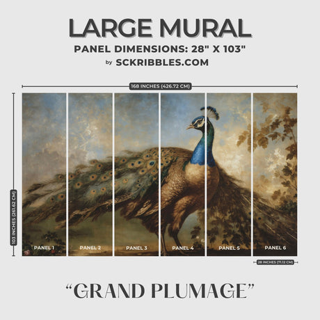 Grand Plumage | Scenic Peacock Vintage Landscape Wallpaper Mural Wallpaper Mural Sckribbles Traditional - (Non-Woven) Large Room Mural - Full Set of Sheets (x6 Panels)