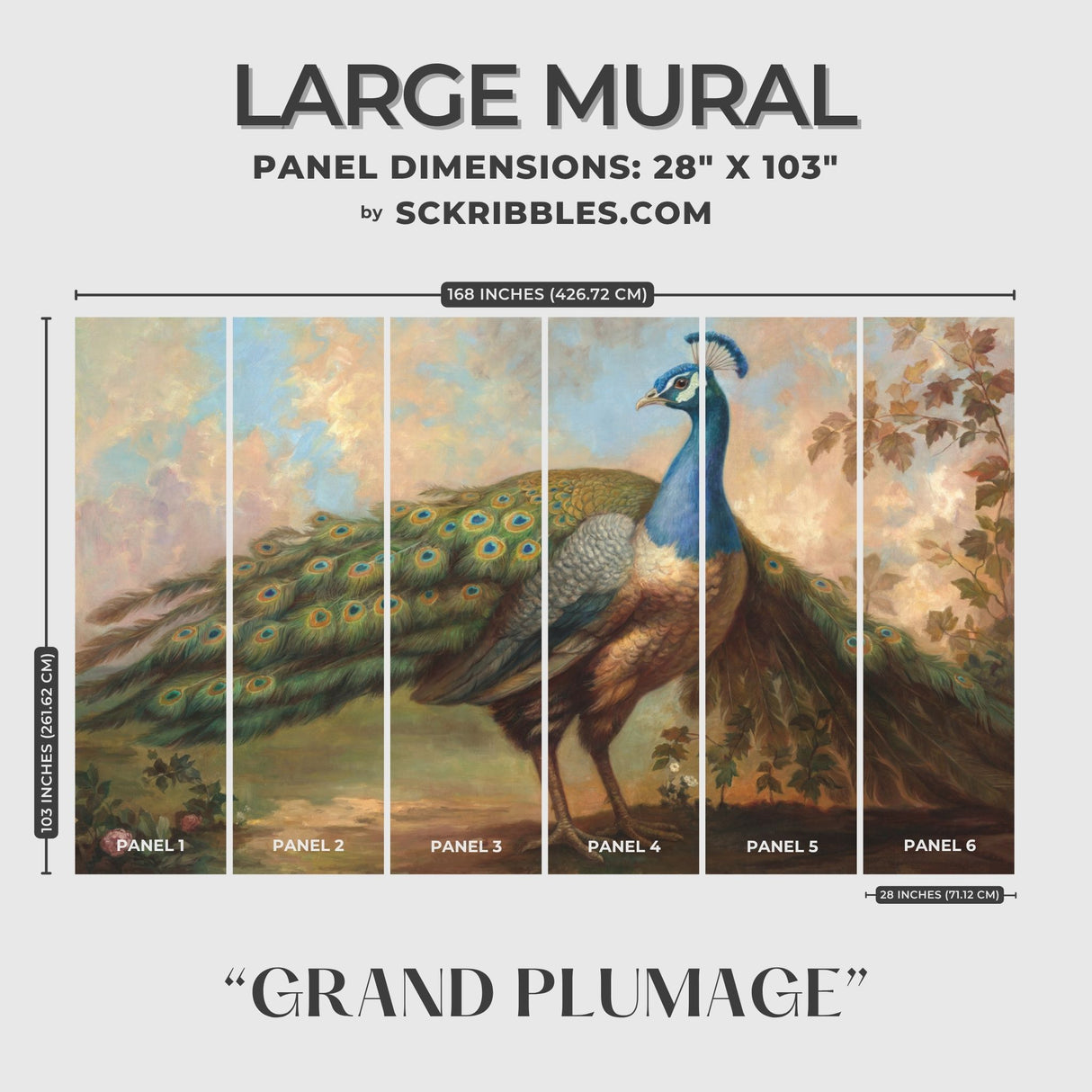 Grand Plumage | Scenic Peacock Vintage Landscape Wallpaper Mural Wallpaper Mural Sckribbles Traditional - (Non-Woven) Large Mural (6 Panels)