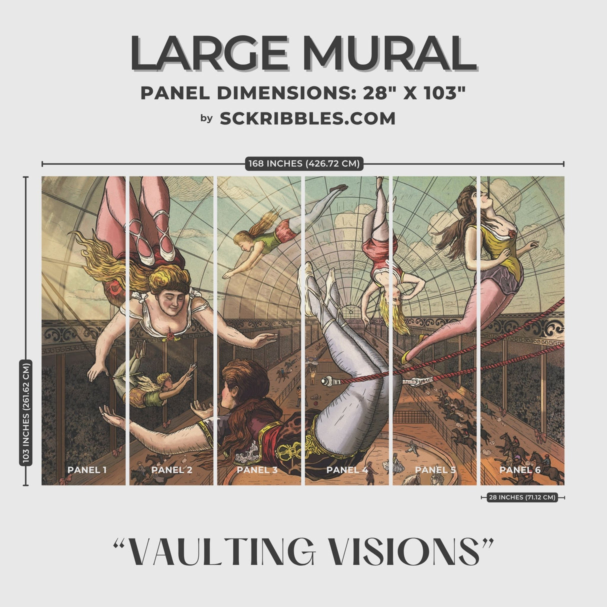 Vaulting Visions | Vintage Circus Acrobats Whimsical Wallpaper Mural Wallpaper Mural Sckribbles Traditional - (Non-Woven) Large Room Mural - Full Set of Sheets (x6 Panels)