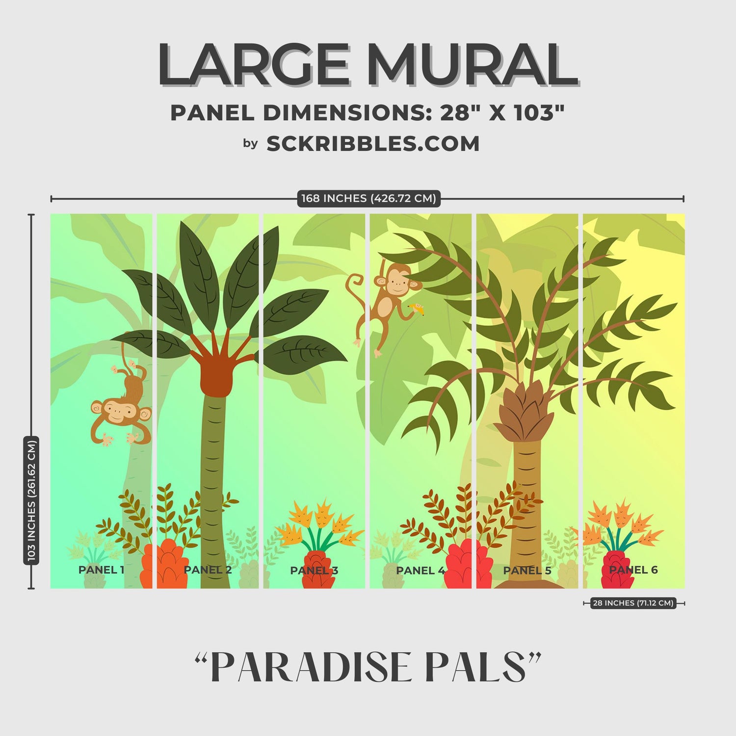Paradise Pals | Bright Children's Tropical Monkey Wallpaper Mural Wallpaper Mural Sckribbles Traditional - (Non-Woven) Large Room Mural - Full Set of Sheets (x6 Panels)