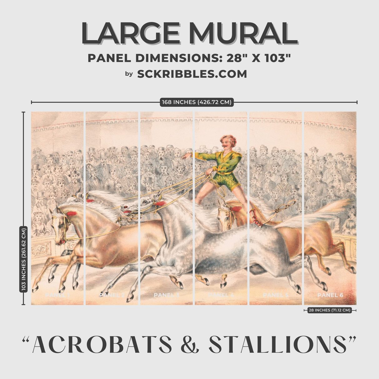 Acrobats & Stallions | Fun Vintage Circus Horses Wallpaper Mural Wallpaper Mural Sckribbles Traditional - (Non-Woven) Large Mural (6 Panels)