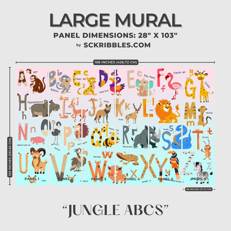 Jungle ABCs | Children's Animal Alphabet Educational Wallpaper Mural Wallpaper Mural Sckribbles Traditional - (Non-Woven) Large Room Mural - Full Set of Sheets (x6 Panels)