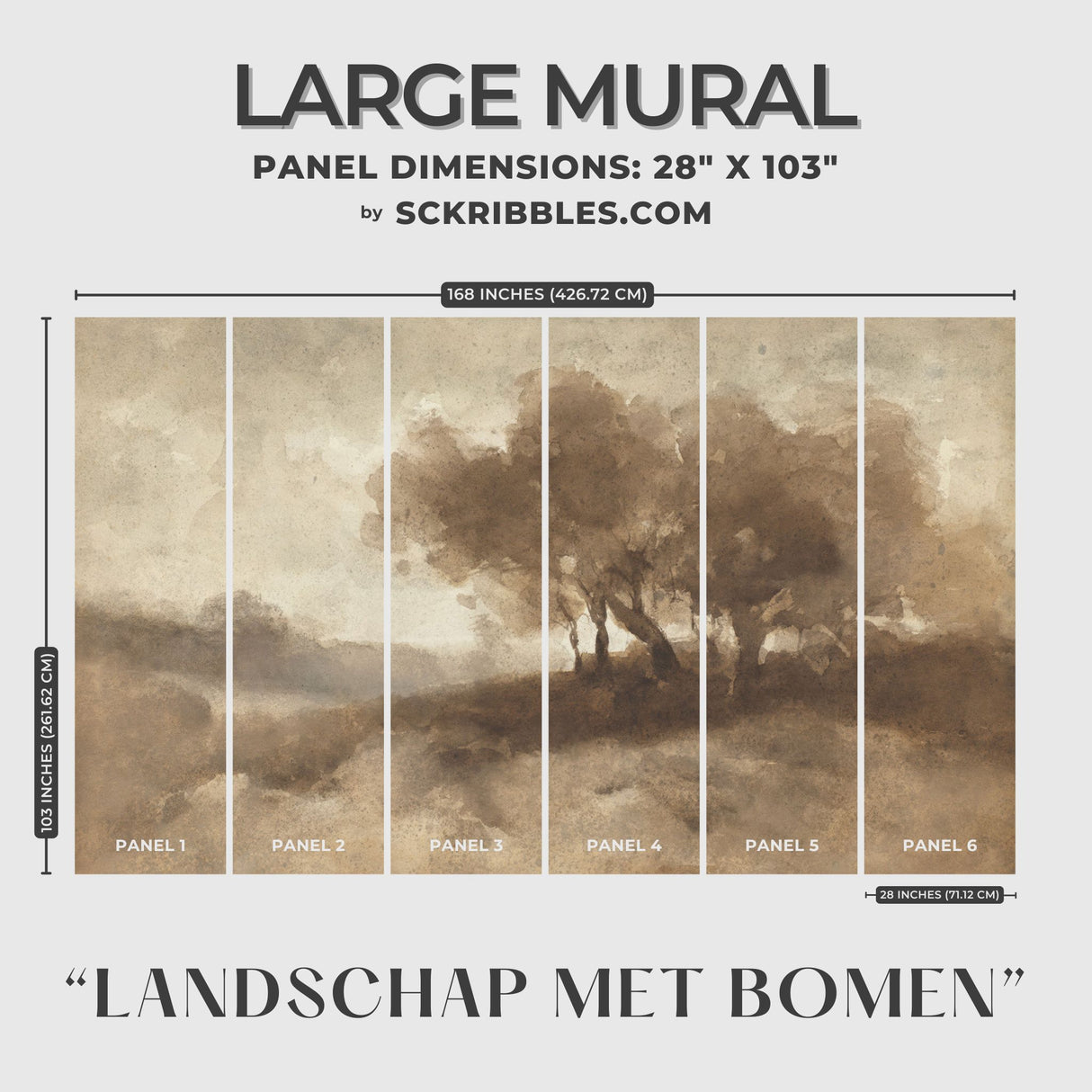 Landschap met bomen | Brown Trees Vintage Scenic Landscape Wallpaper Mural Wallpaper Mural Sckribbles