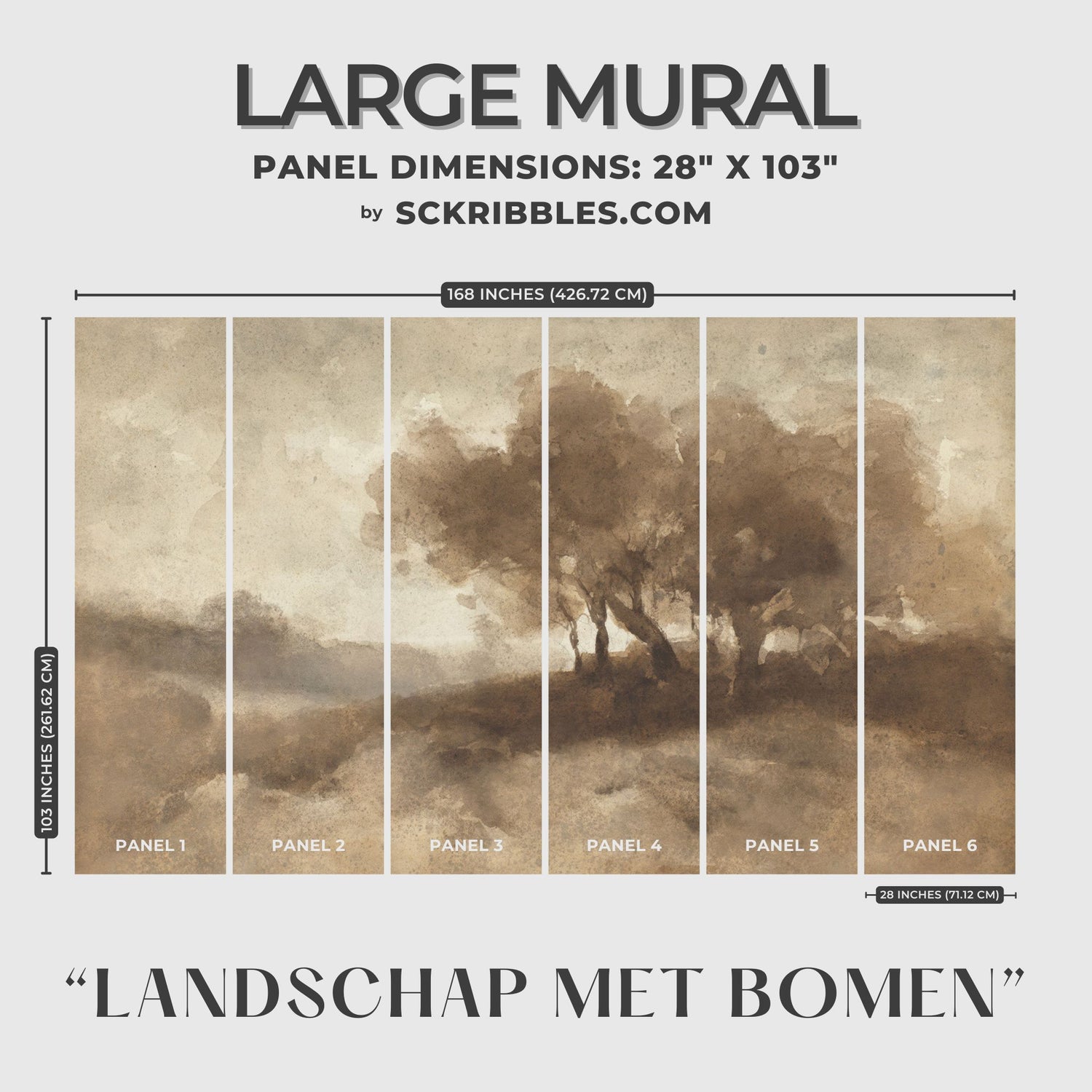 Landschap met bomen | Brown Trees Vintage Scenic Landscape Wallpaper Mural Wallpaper Mural Sckribbles