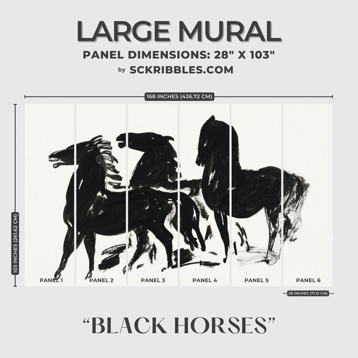 Black Horses | Bold Dramatic Black & White Wallpaper Mural Wallpaper Mural Sckribbles
