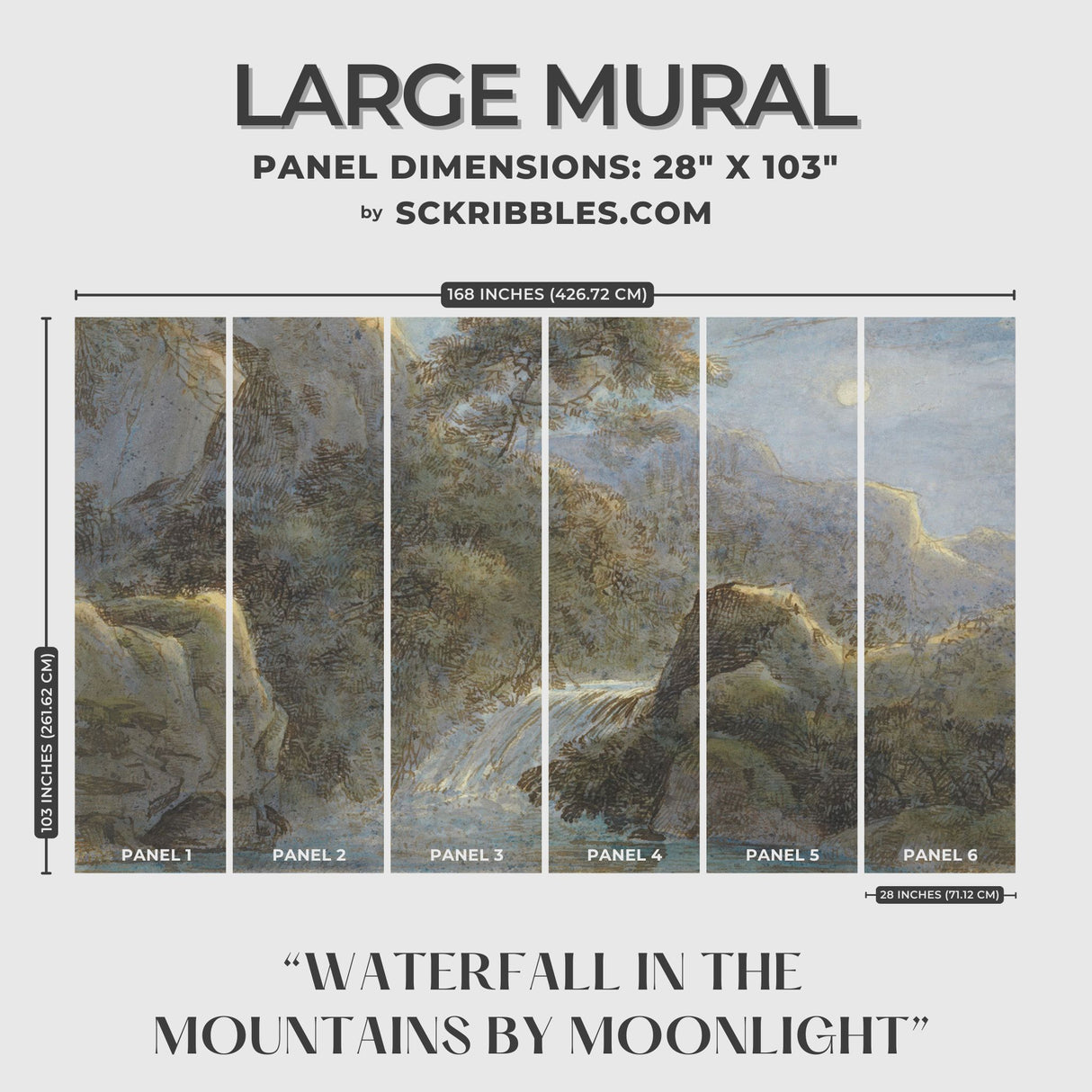 Waterfall in the Mountains by Moonlight | Beautiful Vintage Scenic Landscape Wallpaper Mural Wallpaper Mural Sckribbles