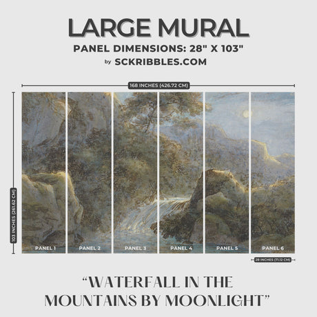 Waterfall in the Mountains by Moonlight | Beautiful Vintage Scenic Landscape Wallpaper Mural Wallpaper Mural Sckribbles