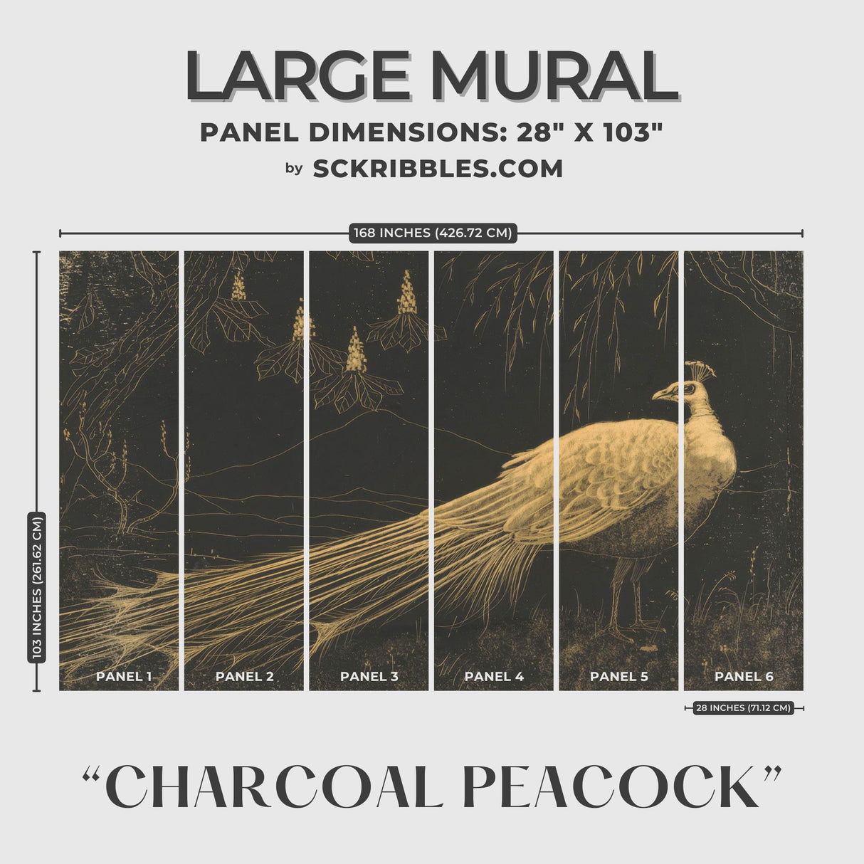 Charcoal Peacock | Dark Moody Vintage Bird Wallpaper Mural Wallpaper Mural Sckribbles