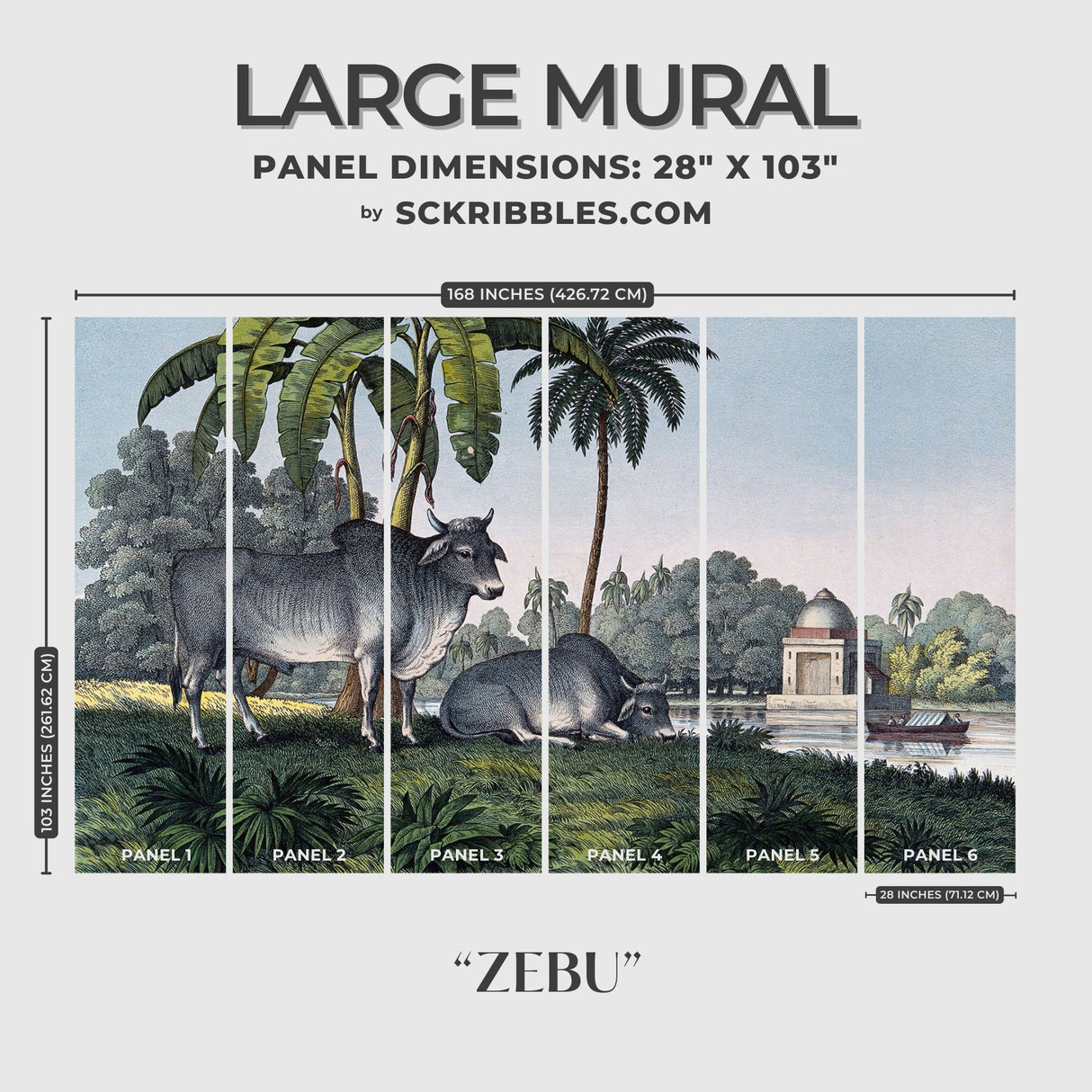 Zebu | Scenic Tropical Palm Trees with Cattle Wallpaper Mural Wallpaper Mural Sckribbles