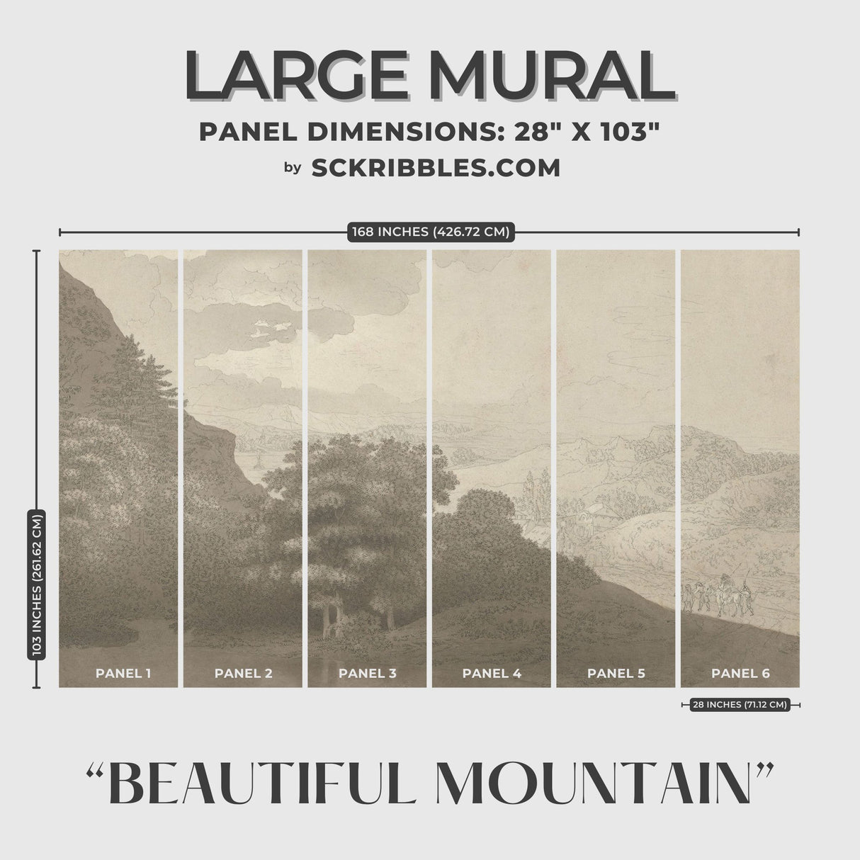 Beautiful Mountains | European Scenic Trees Landscape Wallpaper Mural Wallpaper Mural Sckribbles Traditional - (Non-Woven) Large Room Mural - Full Set of Sheets (x6 Panels)