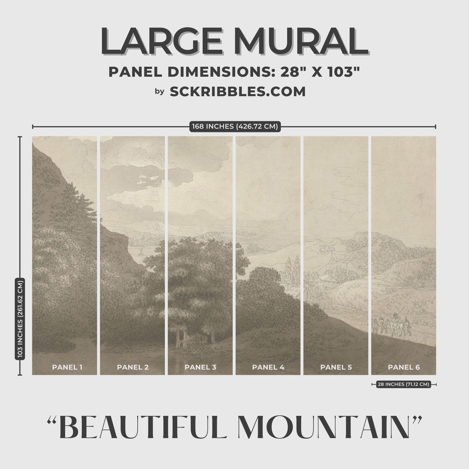 Beautiful Mountains | European Scenic Trees Landscape Wallpaper Mural Wallpaper Mural Sckribbles Traditional - (Non-Woven) Large Room Mural - Full Set of Sheets (x6 Panels)
