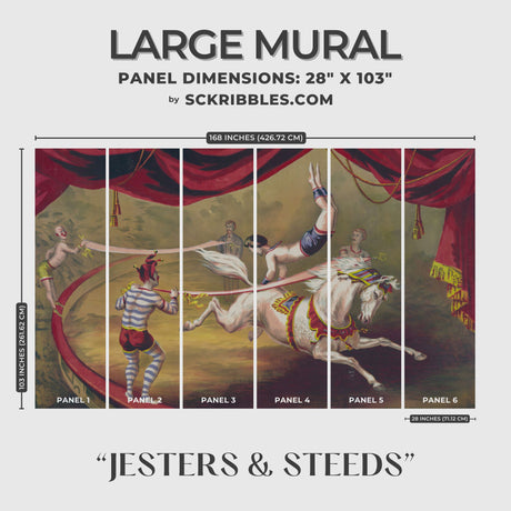 Jesters & Steeds | Playful Vintage Circus Horses Wallpaper Mural Wallpaper Mural Sckribbles Traditional - (Non-Woven) Large Room Mural - Full Set of Sheets (x6 Panels)
