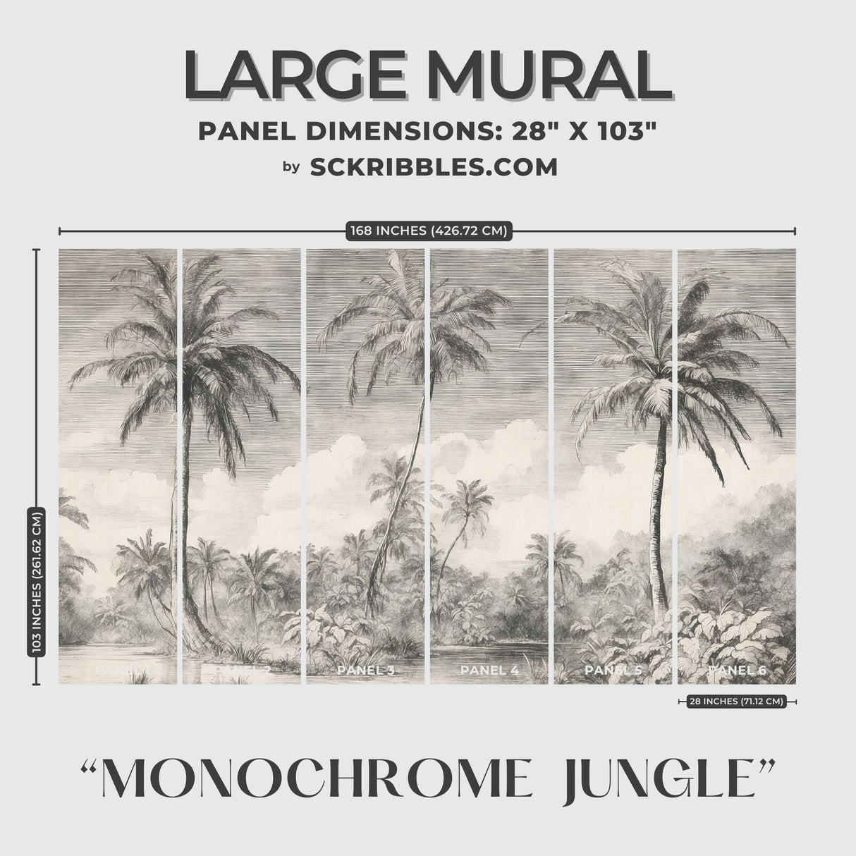Monochrome Jungle | Gray Palm Trees Tropical Wallpaper Mural Wallpaper Mural Sckribbles