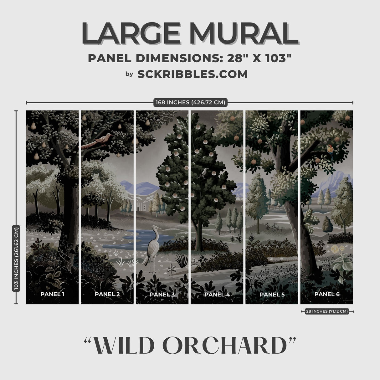 Wild Orchard | Moody Scenic Fruit Trees Landscape Wallpaper Mural Wallpaper Mural Sckribbles Traditional - (Non-Woven) Large Room Mural - Full Set of Sheets (x6 Panels)