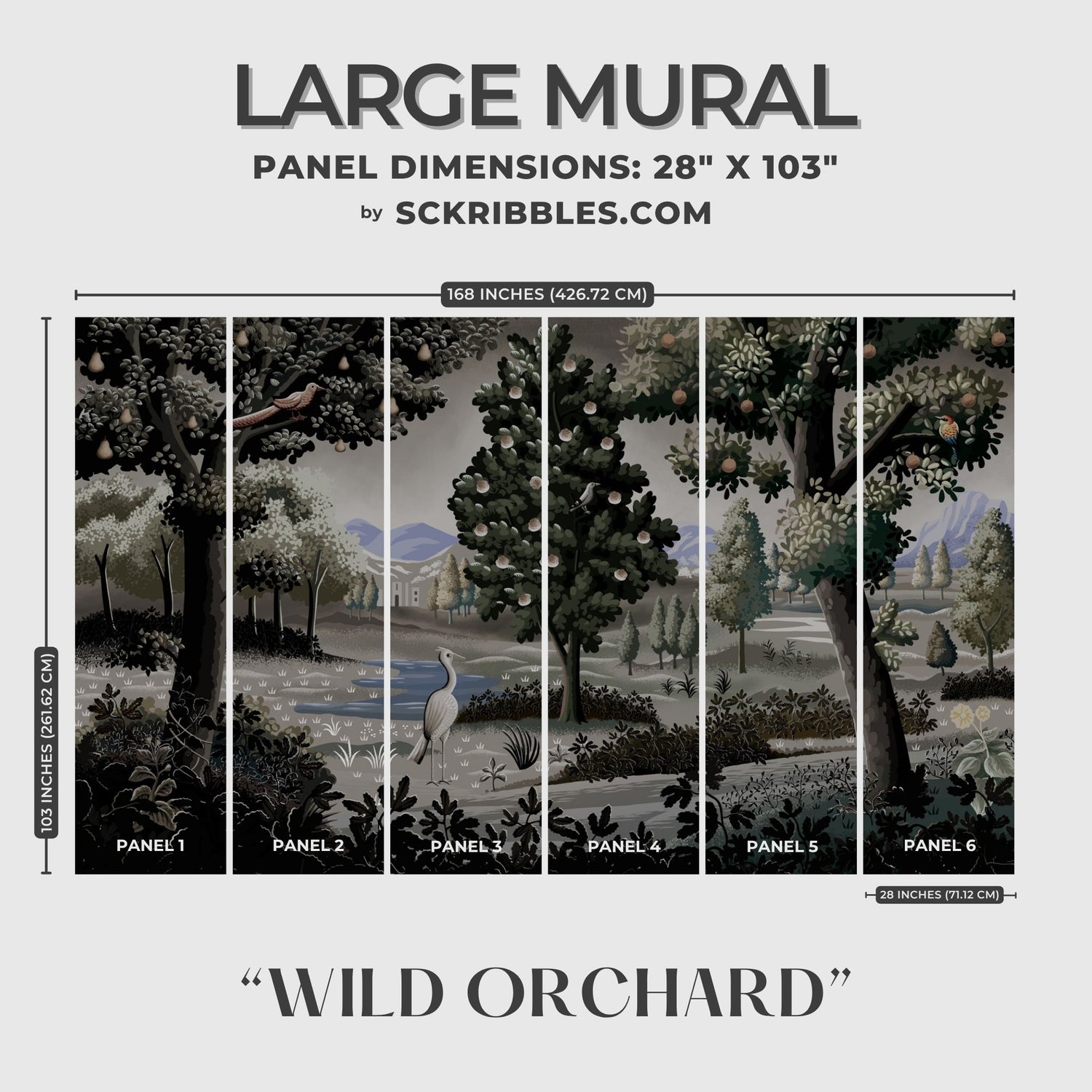 Wild Orchard | Moody Scenic Fruit Trees Landscape Wallpaper Mural Wallpaper Mural Sckribbles Traditional - (Non-Woven) Large Room Mural - Full Set of Sheets (x6 Panels)