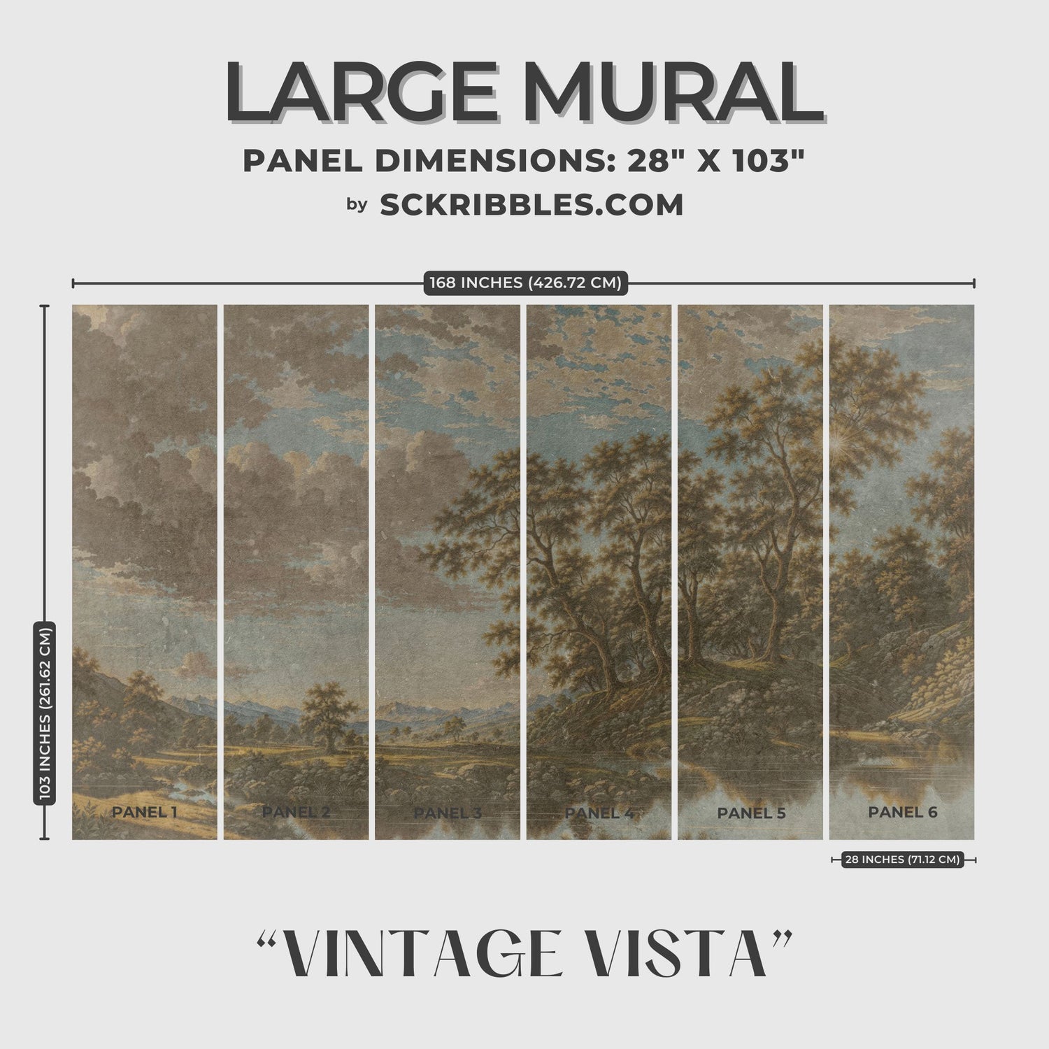 Vintage Vista | English Scenic Landscape Wallpaper Mural Wallpaper Mural Sckribbles Traditional - (Non-Woven) Large Room Mural - Full Set of Sheets (x6 Panels)