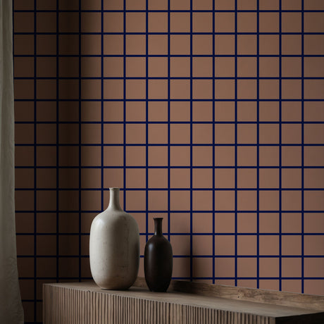 Gridlock | Brown & Blue Mesh Grid Geometrical Wallpaper Wallpaper Sckribbles