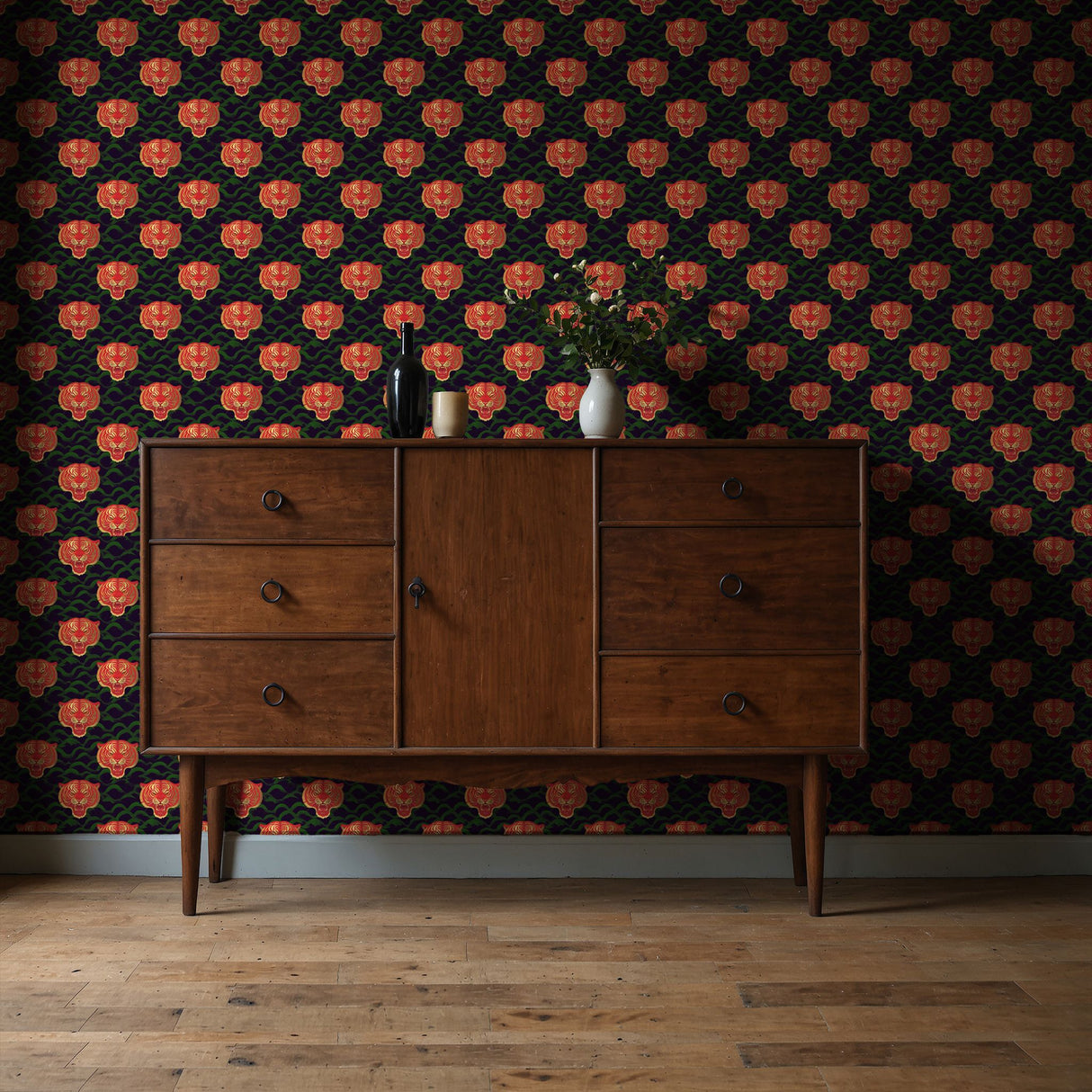 Regal Roar | Bright Colorful Asian Tiger Maximalist Wallpaper Wallpaper Sckribbles