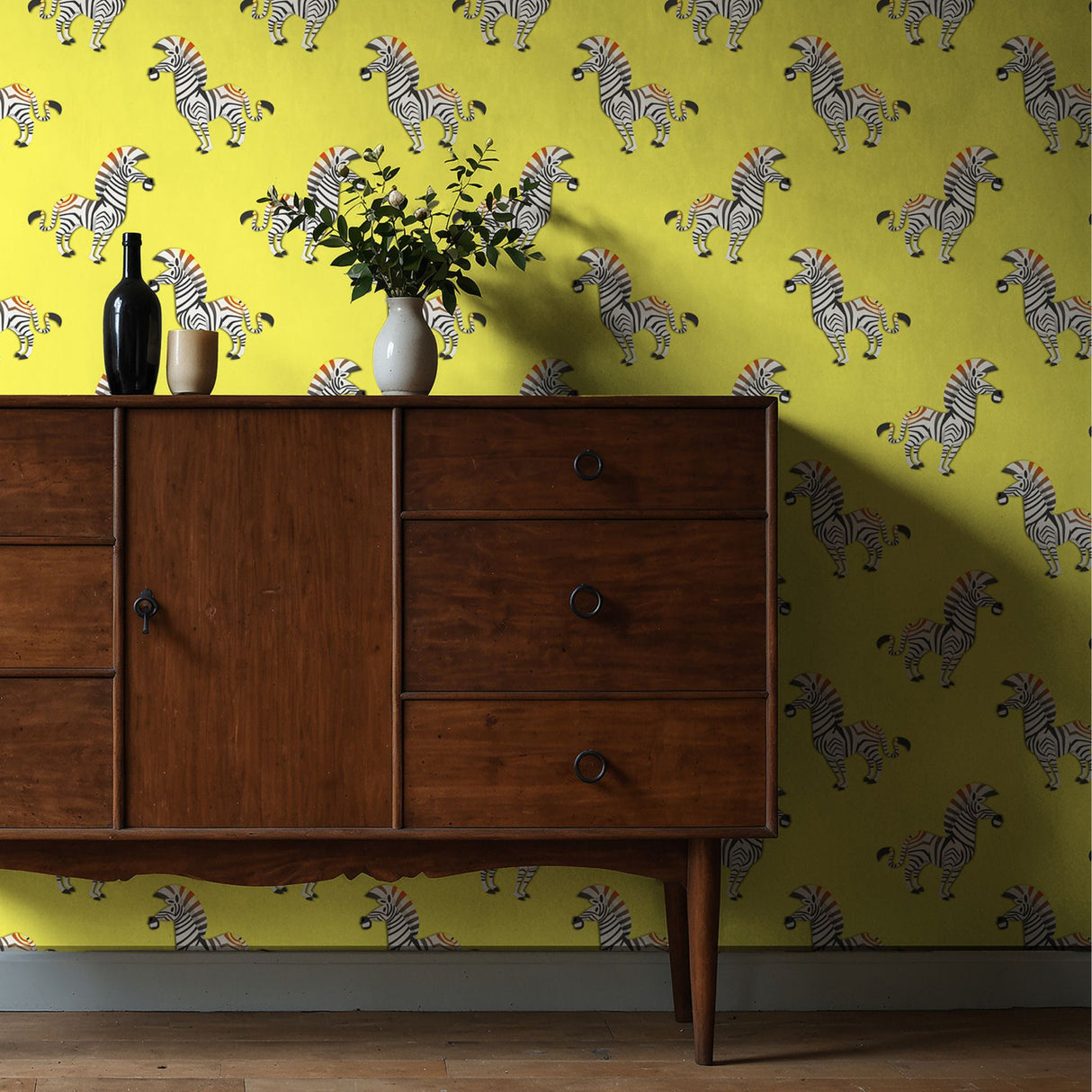Tiny Trotters | Bold Bright Yellow Maximalist Zebra Wallpaper Wallpaper Sckribbles