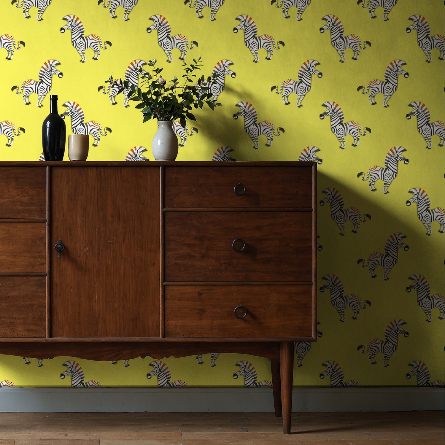Tiny Trotters | Bold Bright Yellow Maximalist Zebra Wallpaper Wallpaper Sckribbles
