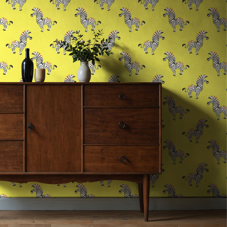 Tiny Trotters | Bold Bright Yellow Maximalist Zebra Wallpaper Wallpaper Sckribbles