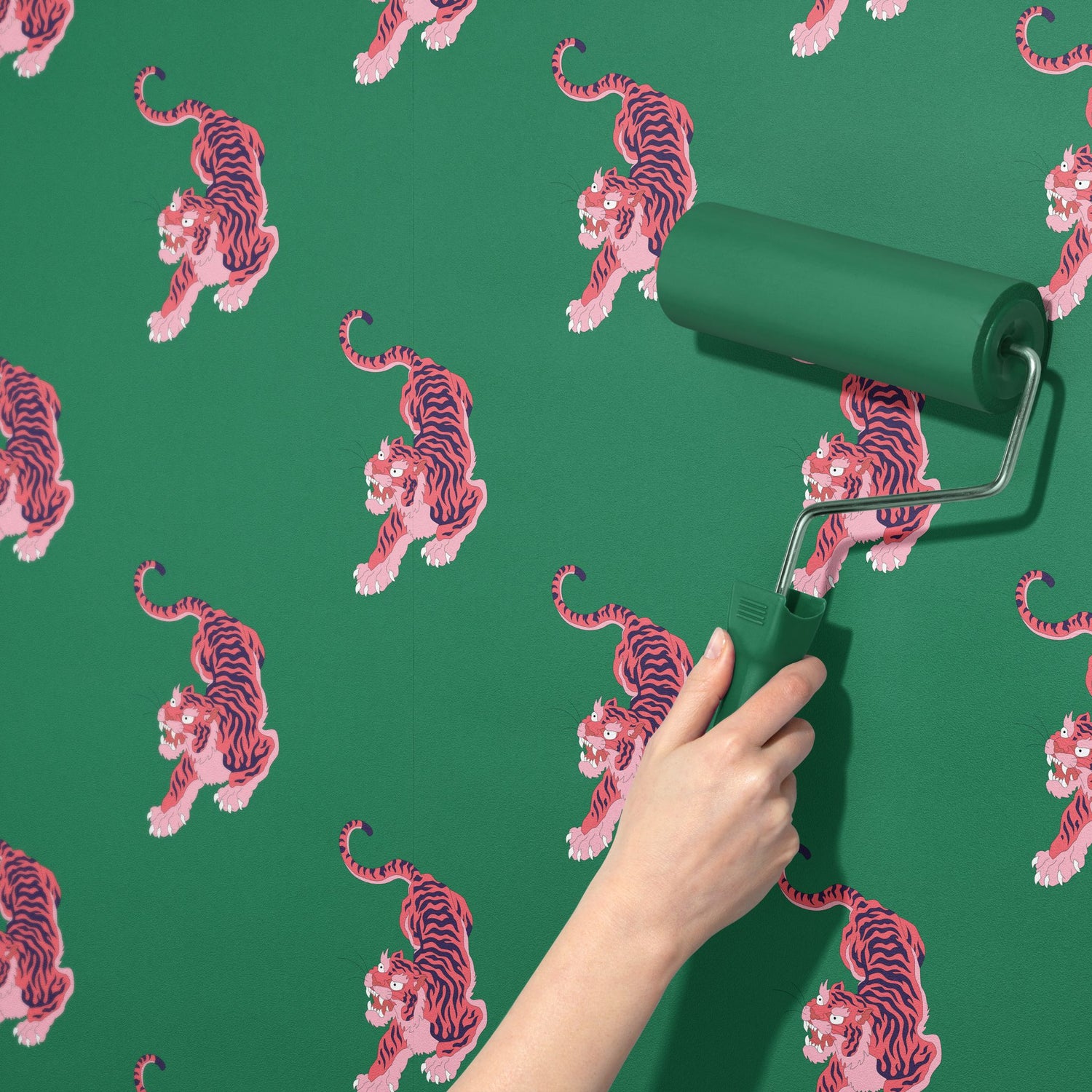 Paradise Prowl | Bright Green & Pink Maximalist Tiger Wallpaper Wallpaper Sckribbles