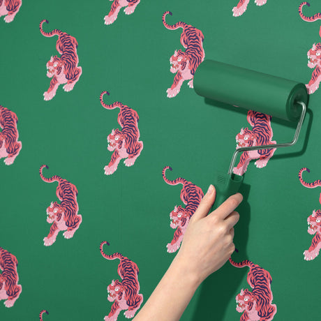Paradise Prowl | Bright Green & Pink Maximalist Tiger Wallpaper Wallpaper Sckribbles