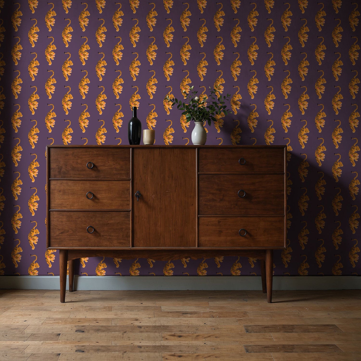 Vivid Tigress | Bold Orange & Purple Maximalist Tiger Wallpaper Wallpaper Sckribbles