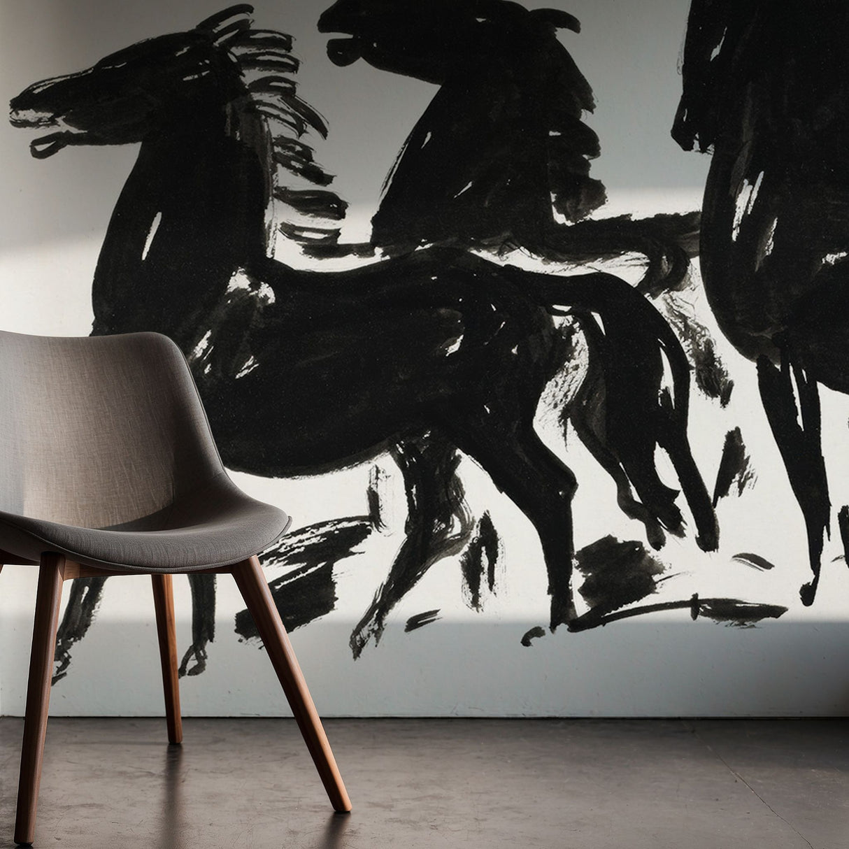 Black Horses | Bold Dramatic Black & White Wallpaper Mural Wallpaper Mural Sckribbles