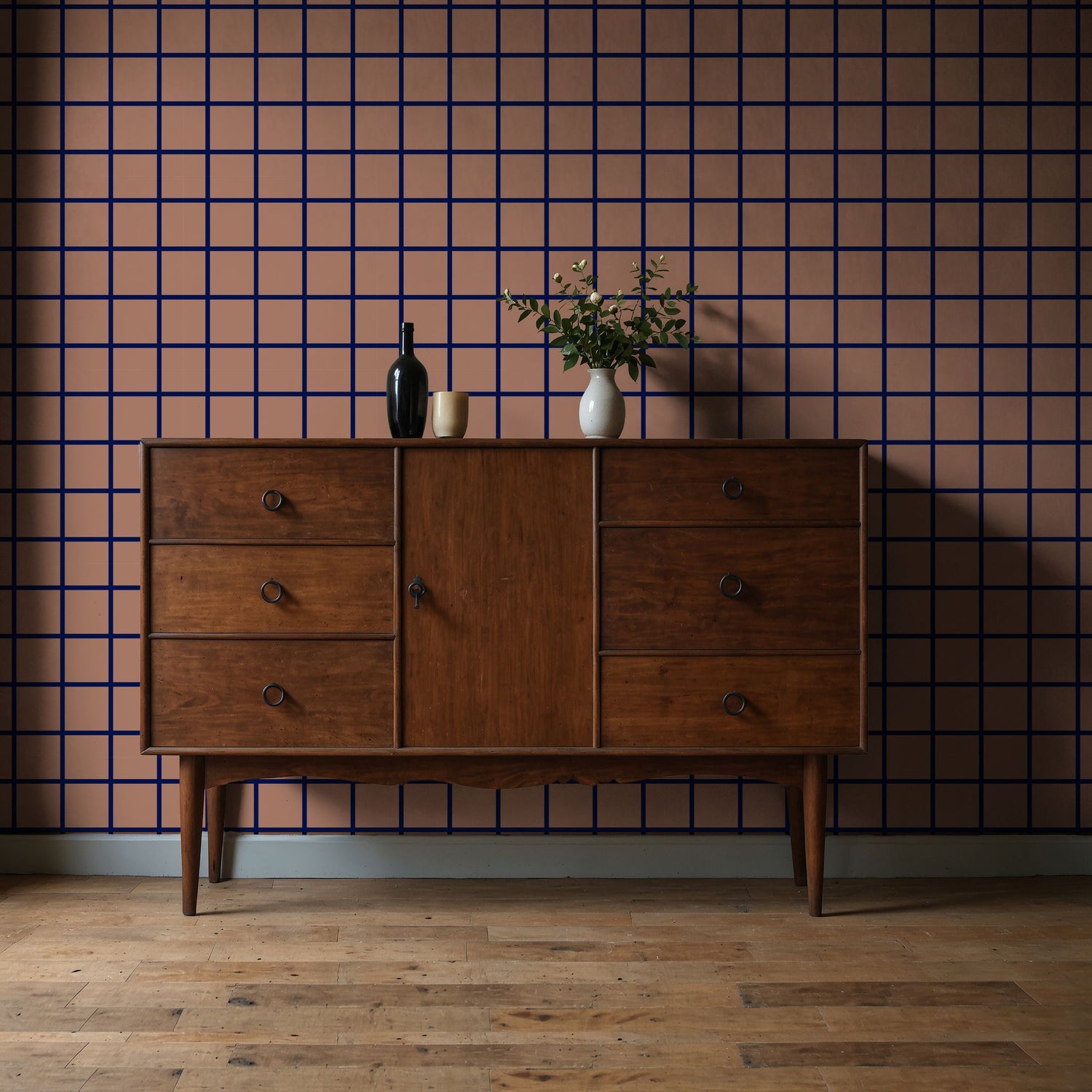 Gridlock | Brown & Blue Mesh Grid Geometrical Wallpaper Wallpaper Sckribbles