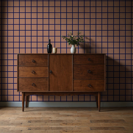 Gridlock | Brown & Blue Mesh Grid Geometrical Wallpaper Wallpaper Sckribbles