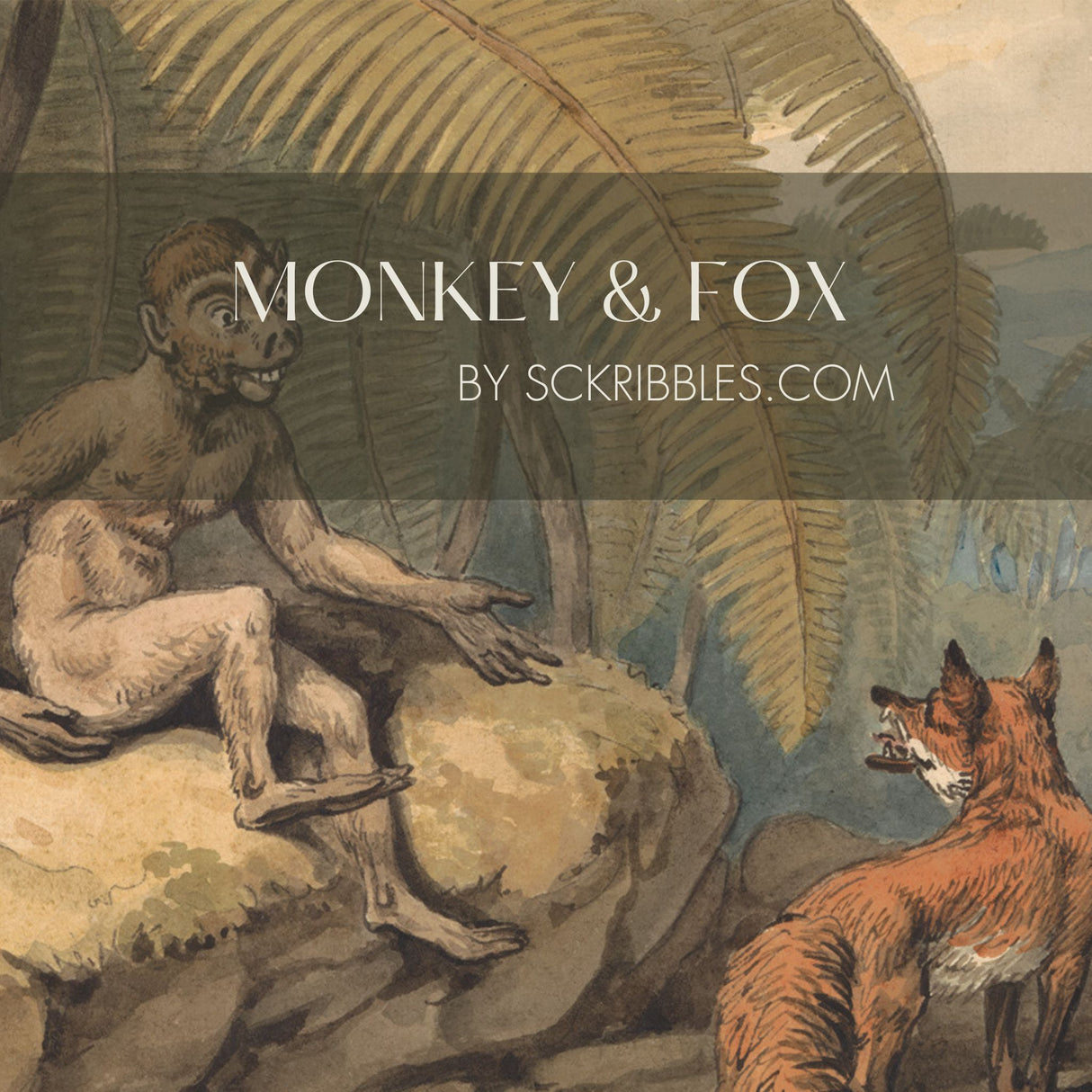 Monkey & Fox | Vintage Muted Rustic Tropical Animal Wallpaper Mural Wallpaper Mural Sckribbles