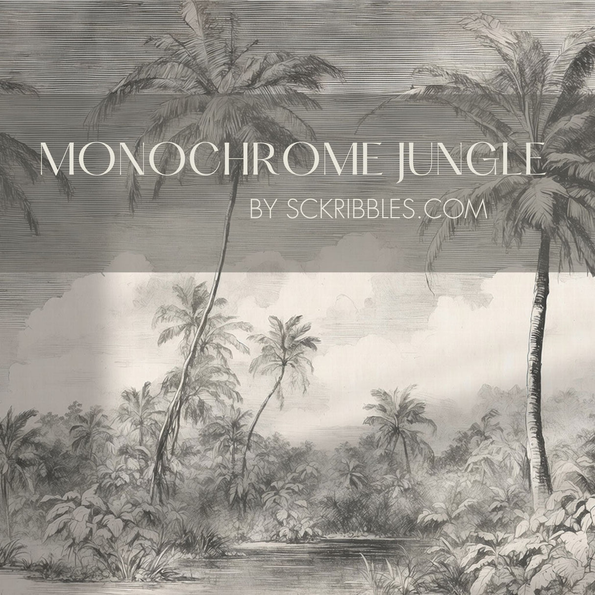 Monochrome Jungle | Gray Palm Trees Tropical Wallpaper Mural Wallpaper Mural Sckribbles