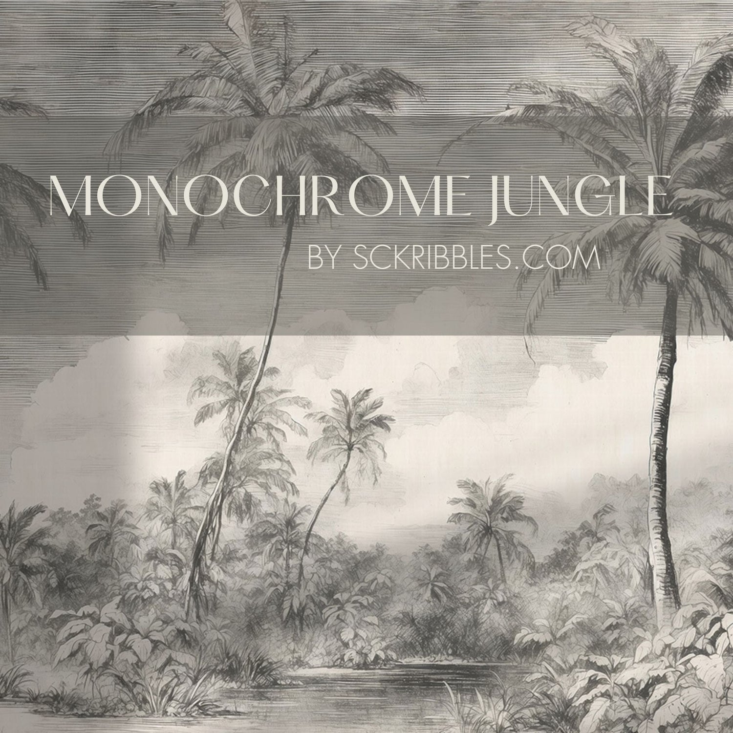 Monochrome Jungle | Gray Palm Trees Tropical Wallpaper Mural Wallpaper Mural Sckribbles