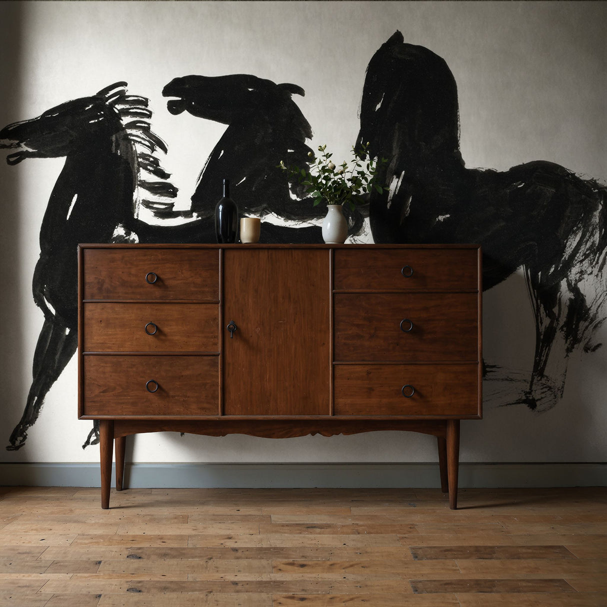 Black Horses | Bold Dramatic Black & White Wallpaper Mural Wallpaper Mural Sckribbles