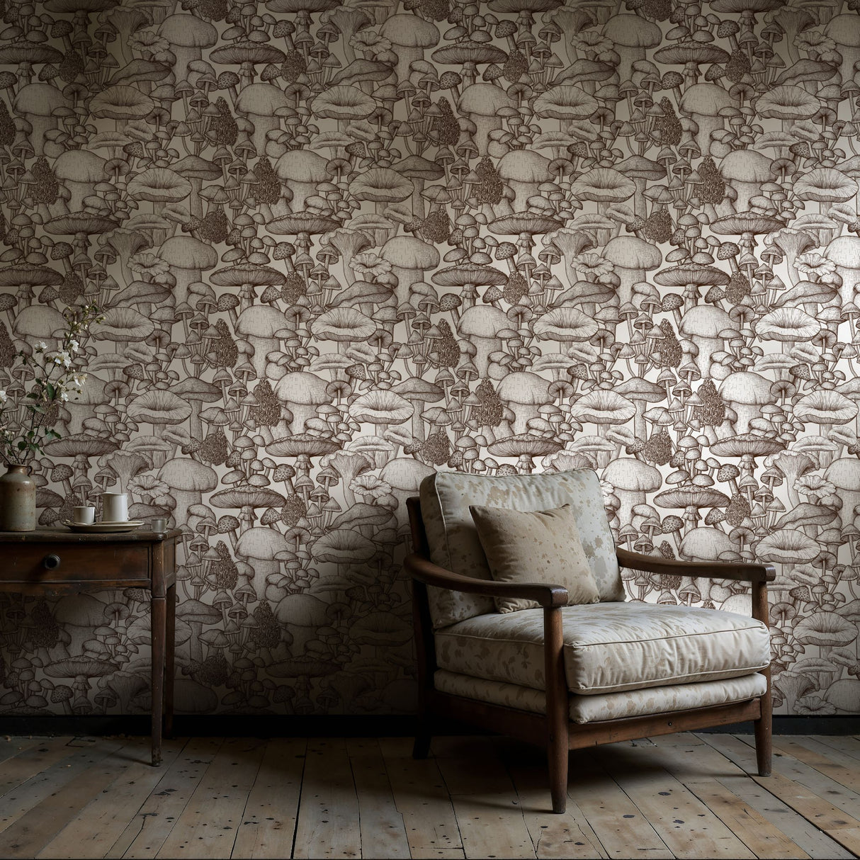 Monochrome Mushrooms | Fun Brown & White Graphic Fungi Wallpaper Wallpaper Sckribbles