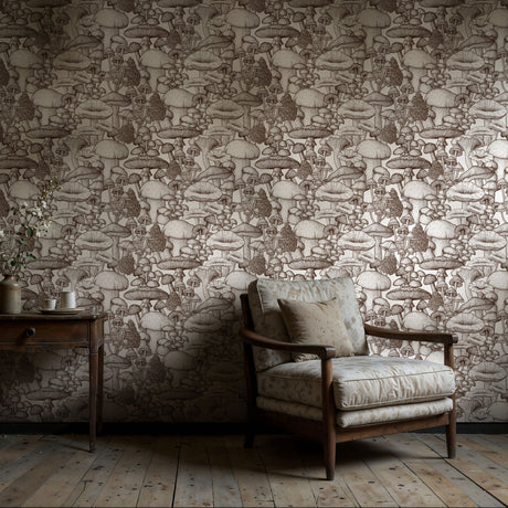 Monochrome Mushrooms | Fun Brown & White Graphic Fungi Wallpaper Wallpaper Sckribbles