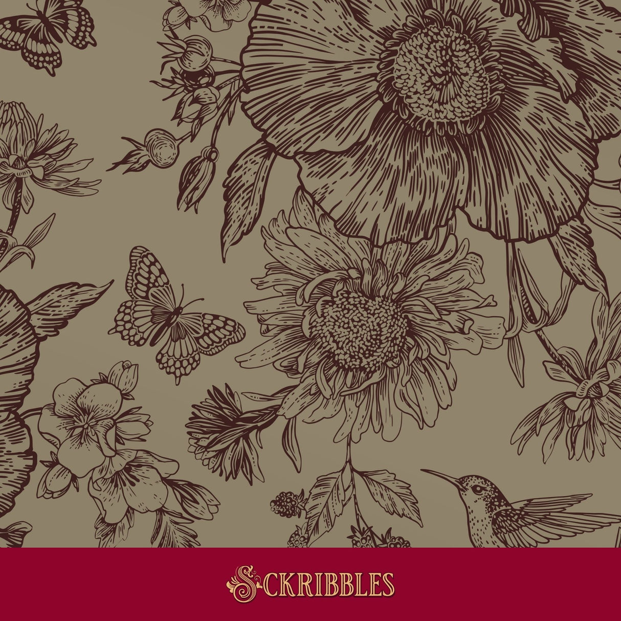 Moody beige brown wallpaper with flowers and birds.