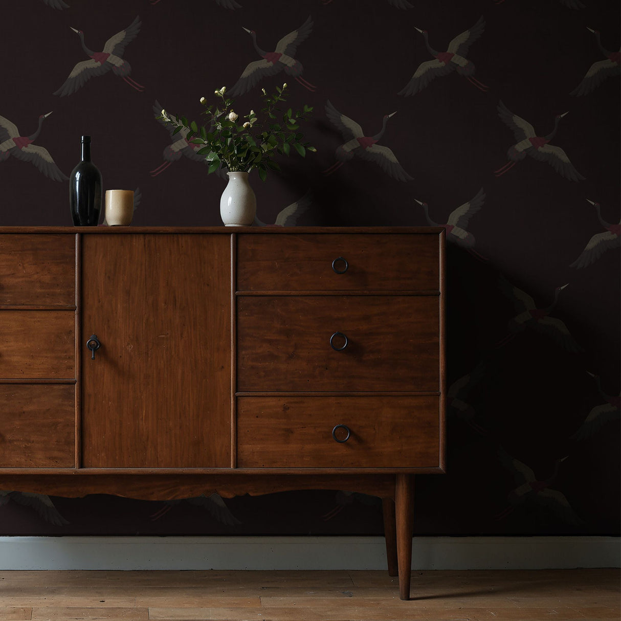 Skyward Grace | Dark Moody Maroon & Gray Crane Wallpaper Wallpaper Sckribbles