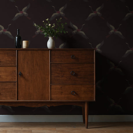 Skyward Grace | Dark Moody Maroon & Gray Crane Wallpaper Wallpaper Sckribbles