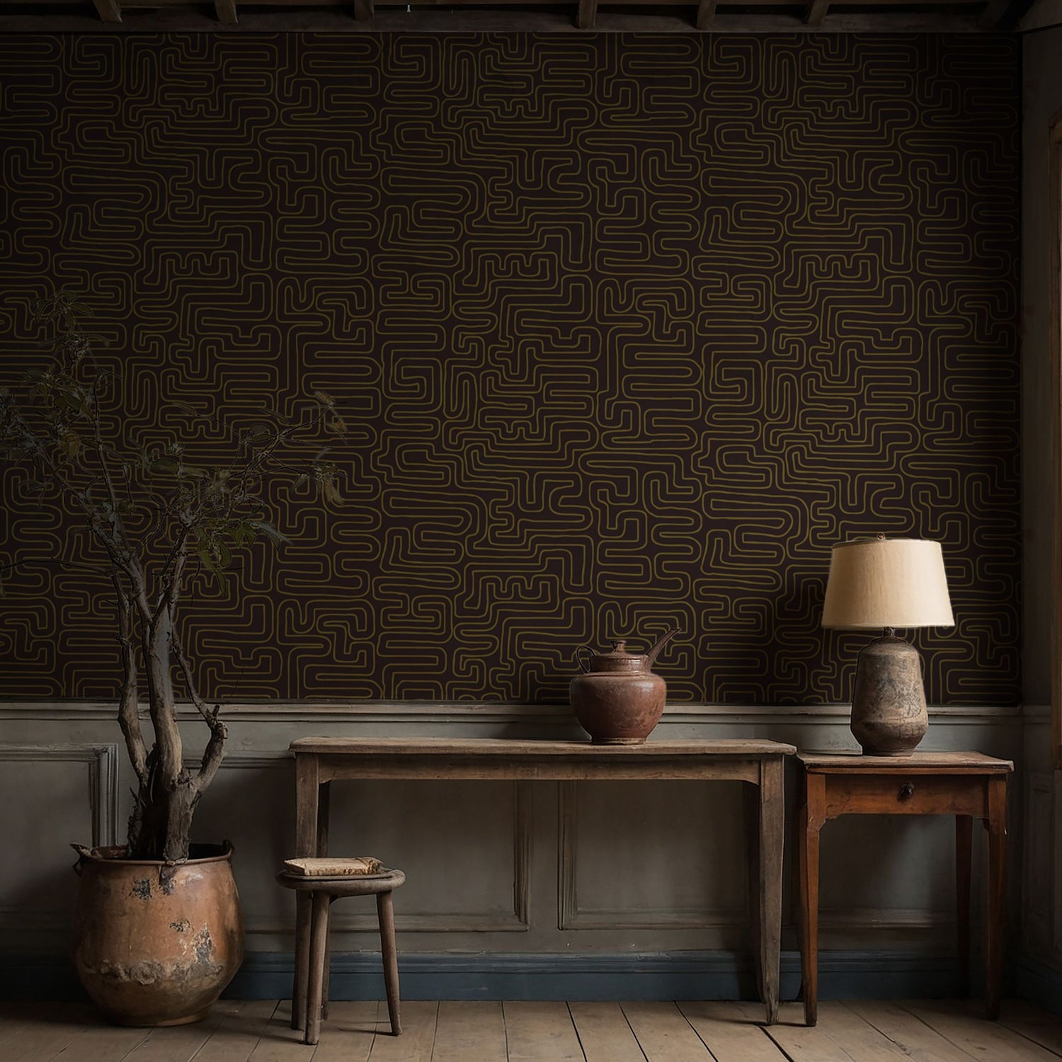 Le Labyrinthe | Moody Maze Squiggly Lines Maximalist Wallpaper Wallpaper Sckribbles