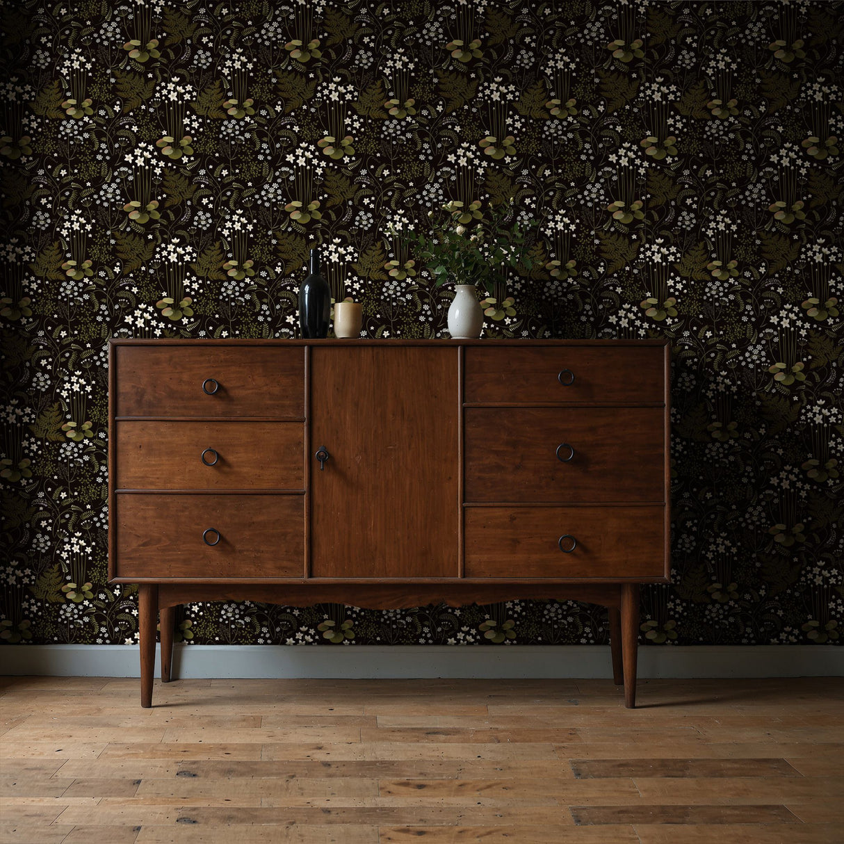 Fern Grotto | Dark Black and Green Floral Botanical Wallpaper Wallpaper Sckribbles