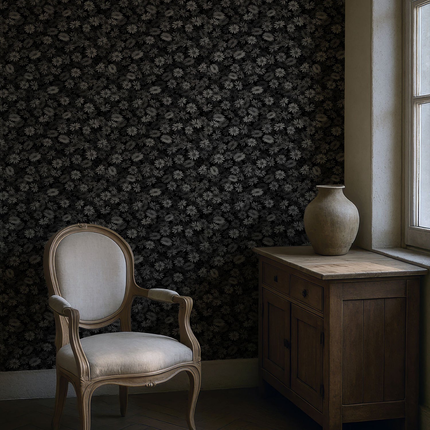 Twilight Bouquet | Dark Moody Gray Floral Wallpaper Wallpaper Sckribbles