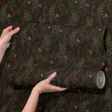 Fern & Flutter | Green Dark Moody Butterfly Botanical Wallpaper Wallpaper Sckribbles